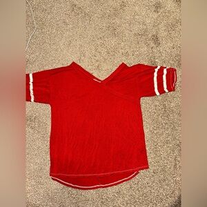 Red V-Neck Top oversized with White Stripes